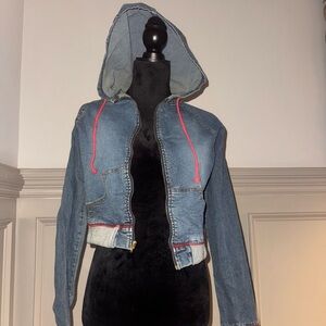 Denim Hooded Jacket with Red Accents